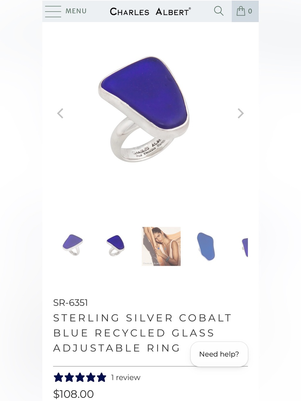 Charles Albert Sterling Silver Cobalt Blue Sea Glass Ring